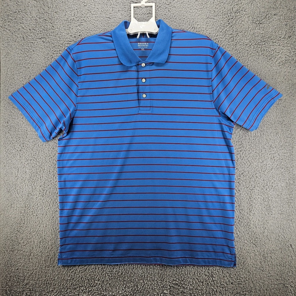 Brooks Brothers Mens XL Blue‎ Red Striped Short Sleeve Polo Performance Golf